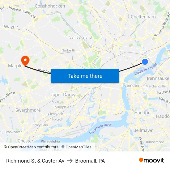 Richmond St & Castor Av to Broomall, PA map