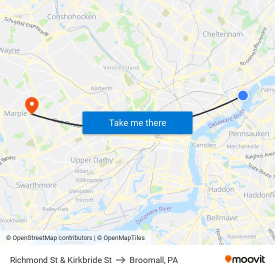 Richmond St & Kirkbride St to Broomall, PA map