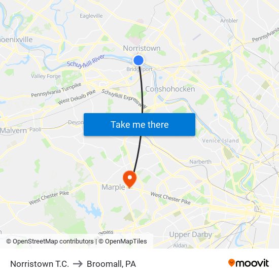Norristown T.C. to Broomall, PA map
