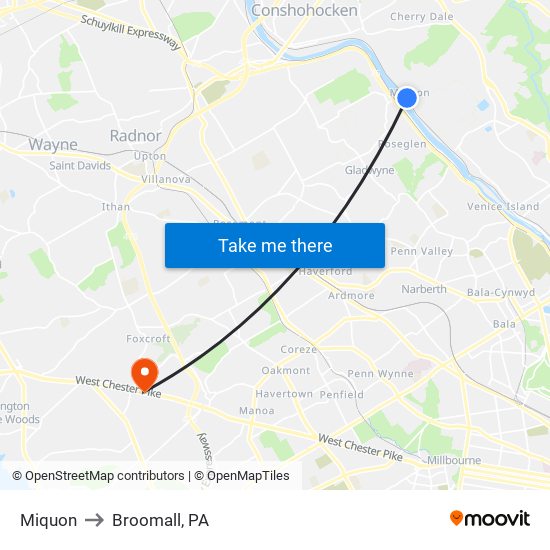 Miquon to Broomall, PA map