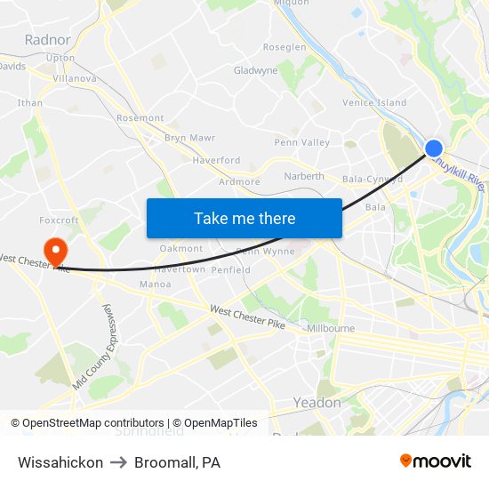 Wissahickon to Broomall, PA map