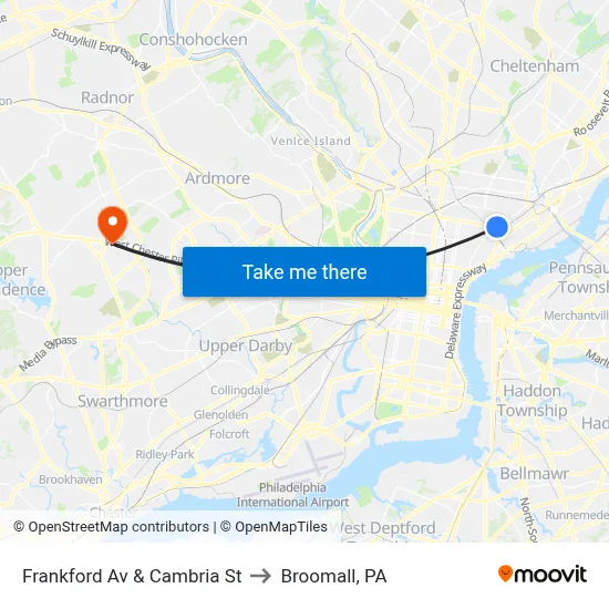 Frankford Av & Cambria St to Broomall, PA map