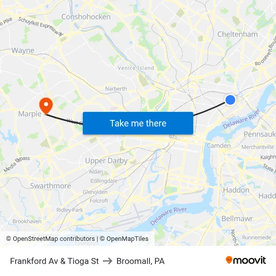 Frankford Av & Tioga St to Broomall, PA map