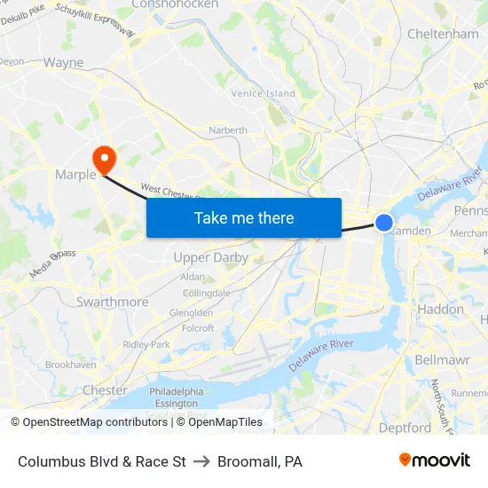 Columbus Blvd & Race St to Broomall, PA map