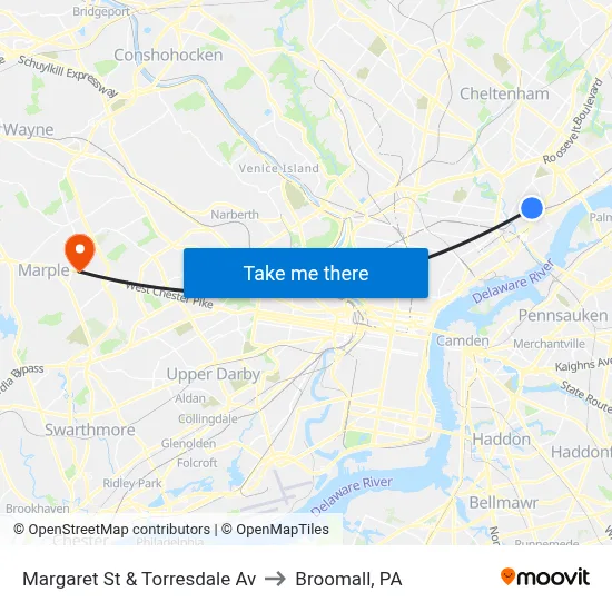 Margaret St & Torresdale Av to Broomall, PA map
