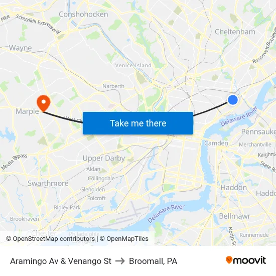 Aramingo Av & Venango St to Broomall, PA map