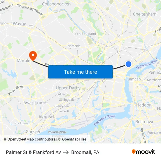 Palmer St & Frankford Av to Broomall, PA map