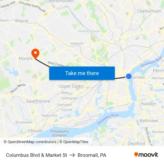 Columbus Blvd & Market St to Broomall, PA map