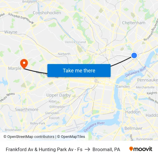 Frankford Av & Hunting Park Av - Fs to Broomall, PA map