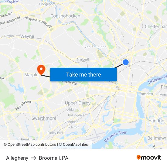 Allegheny to Broomall, PA map