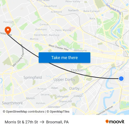 Morris St & 27th St to Broomall, PA map