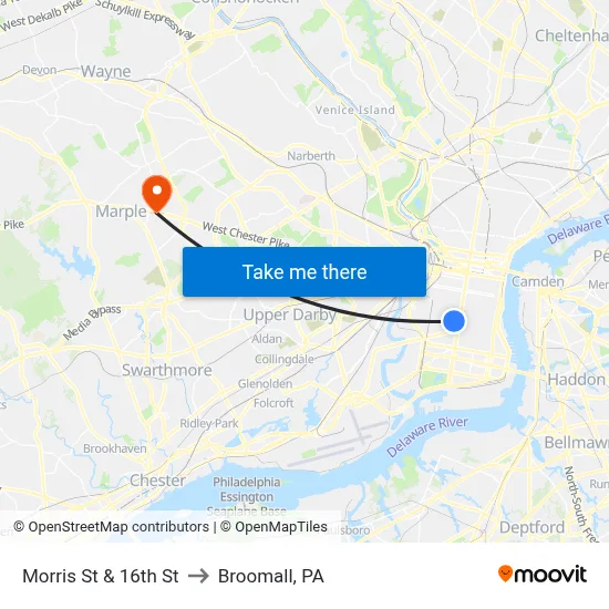 Morris St & 16th St to Broomall, PA map