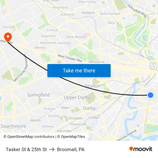 Tasker St & 25th St to Broomall, PA map