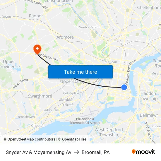 Snyder Av & Moyamensing Av to Broomall, PA map