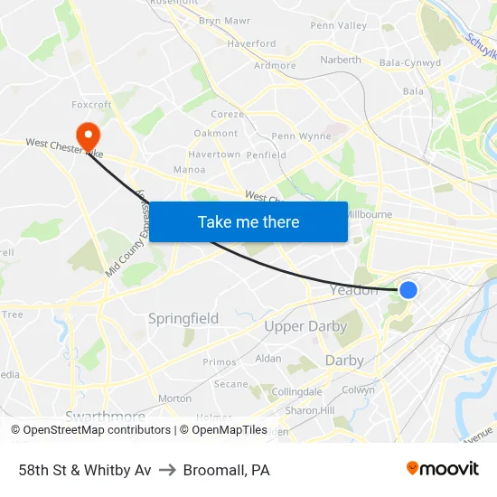 58th St & Whitby Av to Broomall, PA map