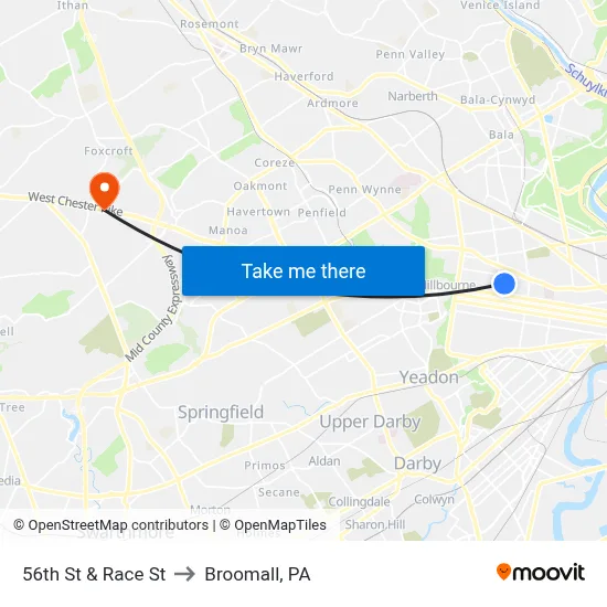 56th St & Race St to Broomall, PA map