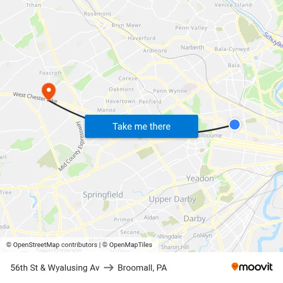 56th St & Wyalusing Av to Broomall, PA map