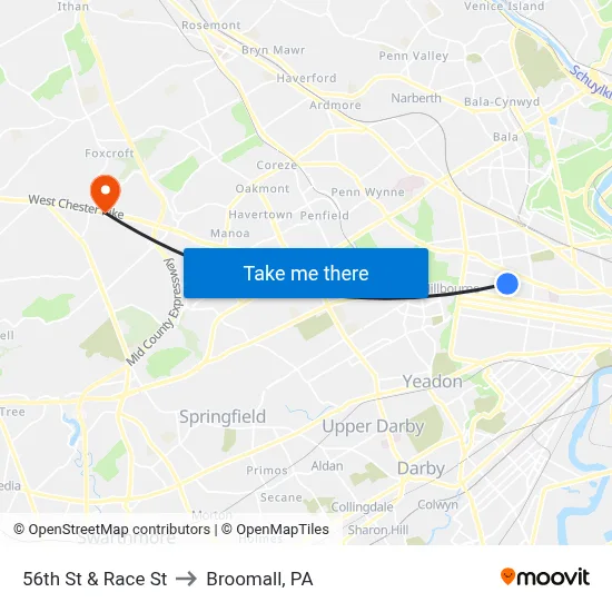 56th St & Race St to Broomall, PA map