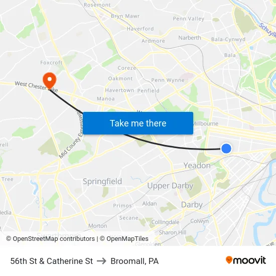 56th St & Catherine St to Broomall, PA map