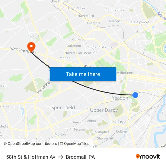 58th St & Hoffman Av to Broomall, PA map