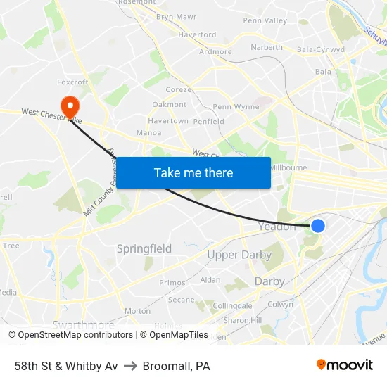 58th St & Whitby Av to Broomall, PA map