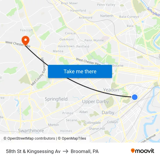 58th St & Kingsessing Av to Broomall, PA map