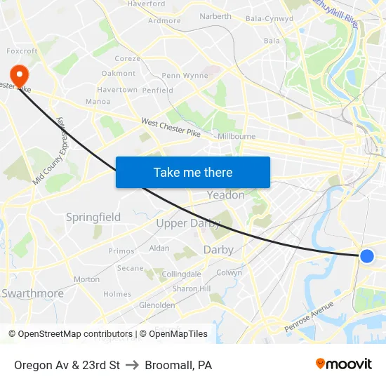 Oregon Av & 23rd St to Broomall, PA map