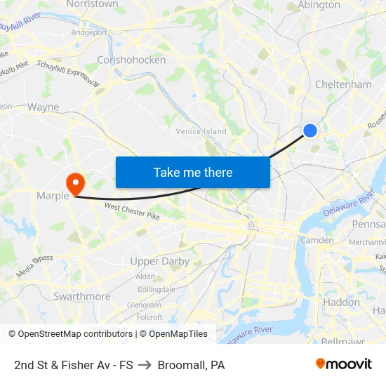2nd St & Fisher Av - FS to Broomall, PA map