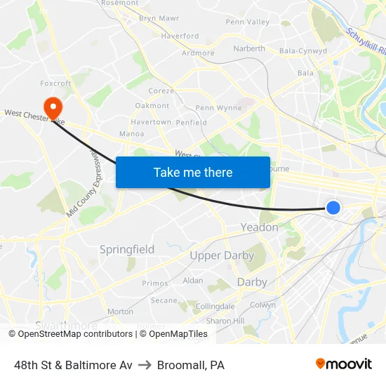 48th St & Baltimore Av to Broomall, PA map