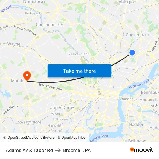 Adams Av & Tabor Rd to Broomall, PA map