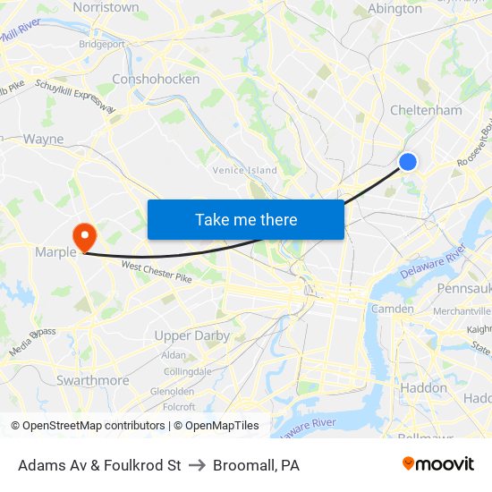 Adams Av & Foulkrod St to Broomall, PA map