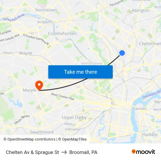Chelten Av & Sprague St to Broomall, PA map