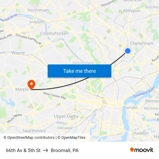 66th Av & 5th St to Broomall, PA map