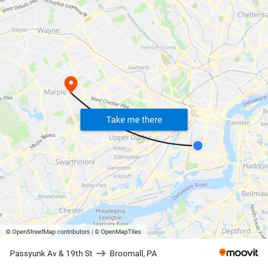 Passyunk Av & 19th St to Broomall, PA map