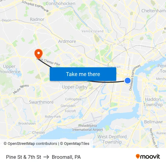 Pine St & 7th St to Broomall, PA map