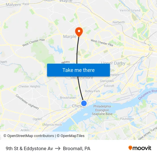 9th St & Eddystone Av to Broomall, PA map