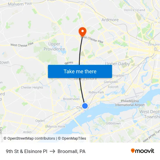9th St & Elsinore Pl to Broomall, PA map