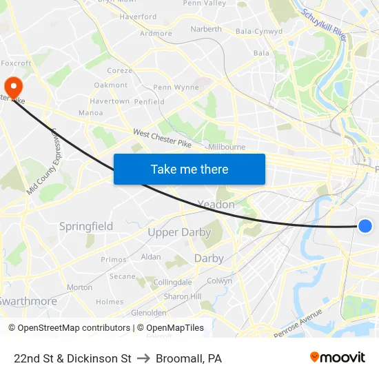 22nd St & Dickinson St to Broomall, PA map