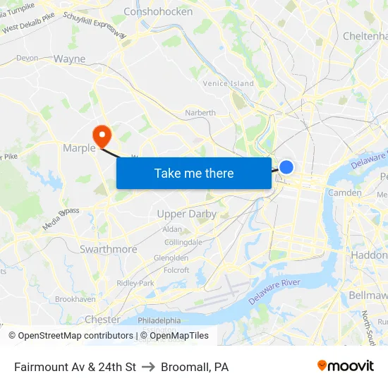 Fairmount Av & 24th St to Broomall, PA map