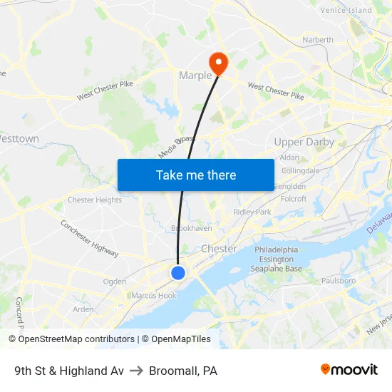 9th St & Highland Av to Broomall, PA map