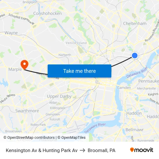 Kensington Av & Hunting Park Av to Broomall, PA map
