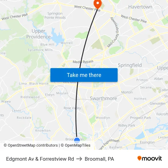Edgmont Av & Forrestview Rd to Broomall, PA map