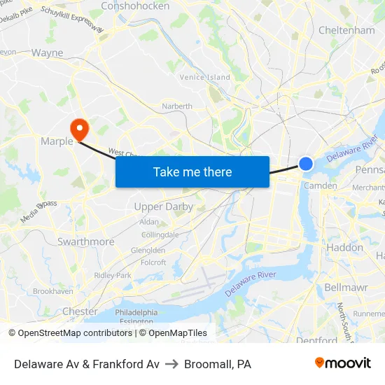 Delaware Av & Frankford Av to Broomall, PA map