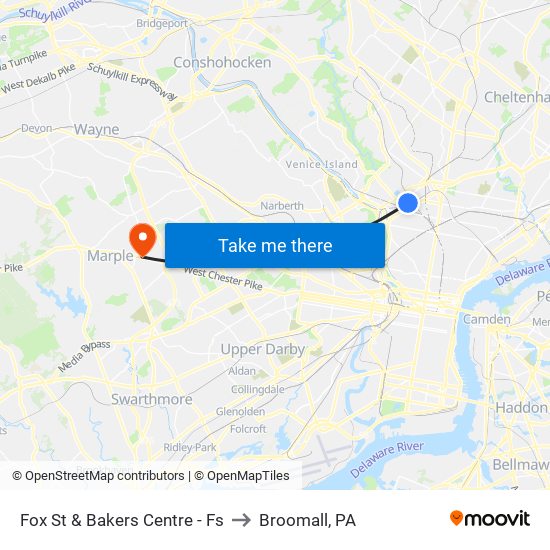 Fox St & Bakers Centre - Fs to Broomall, PA map