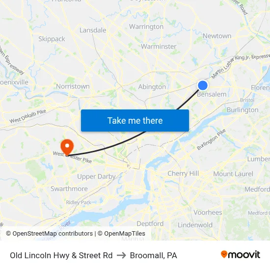 Old Lincoln Hwy & Street Rd to Broomall, PA map