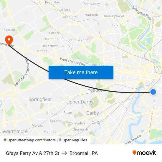 Grays Ferry Av & 27th St to Broomall, PA map