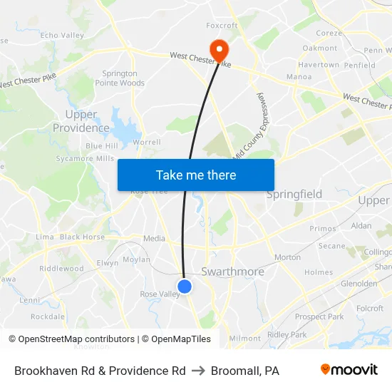 Brookhaven Rd & Providence Rd to Broomall, PA map