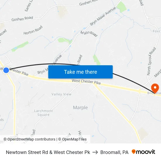 Newtown Street Rd & West Chester Pk to Broomall, PA map