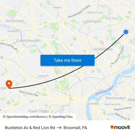 Bustleton Av & Red Lion Rd to Broomall, PA map
