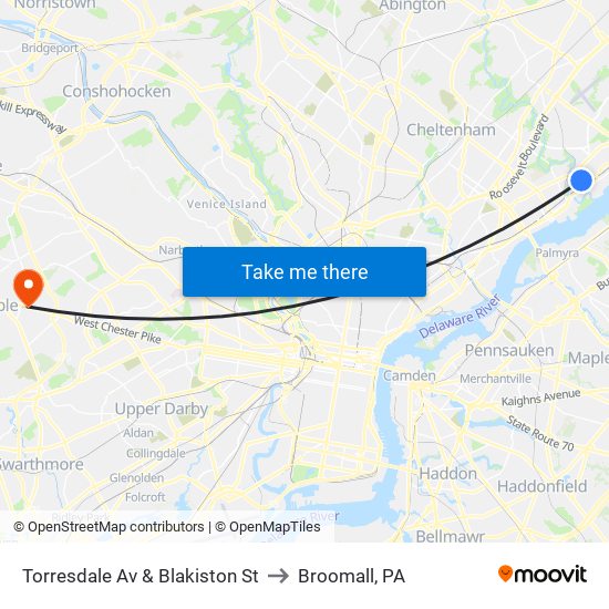 Torresdale Av & Blakiston St to Broomall, PA map